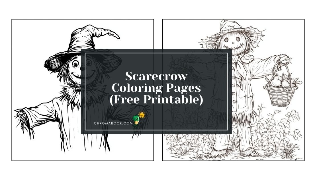 A whimsical scarecrow stands amid cornfields, surrounded by cheerful pumpkins and playful crows, perfect for a coloring page and free printable.