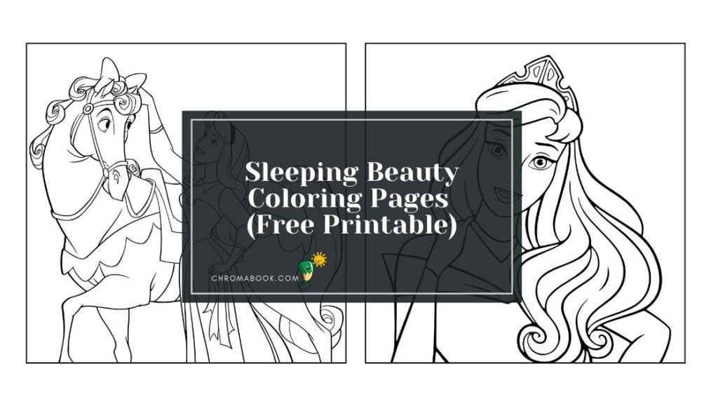 A whimsical coloring page featuring Sleeping Beauty surrounded by enchanting elements, perfect for a magical coloring experience. Free printable!
