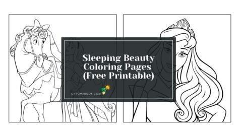 A whimsical coloring page featuring Sleeping Beauty surrounded by enchanting elements, perfect for a magical coloring experience. Free printable!
