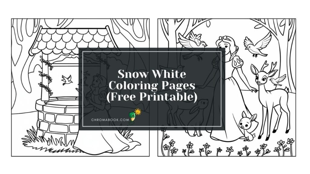 A whimsical Snow White coloring page featuring the princess surrounded by forest animals, available as a free printable.
