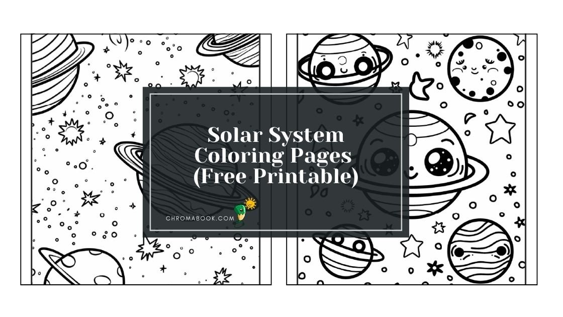 A whimsical coloring page featuring planets, stars, and rockets in the solar system; perfect for kids and a free printable activity.