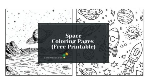 A whimsical space-themed coloring page featuring planets, stars, and rockets, perfect for kids and adults. Free printable.