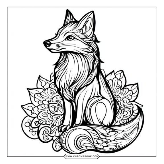 A whimsical spirit fox surrounded by intricate floral patterns, perfect for a relaxing coloring page. Free printable for creativity!