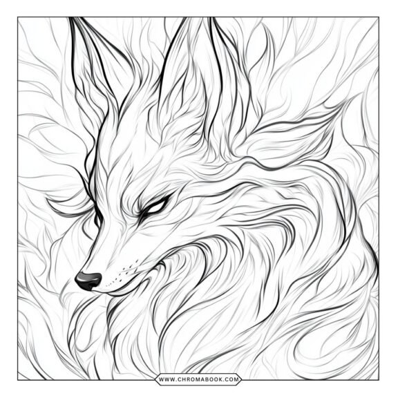 A whimsical spirit fox surrounded by intricate floral patterns, perfect for a relaxing coloring page. Free printable for creative fun!