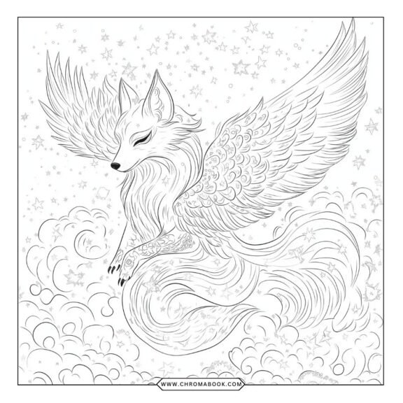 A whimsical Spirit Fox surrounded by intricate floral patterns, perfect for creative expression. Free printable coloring page.
