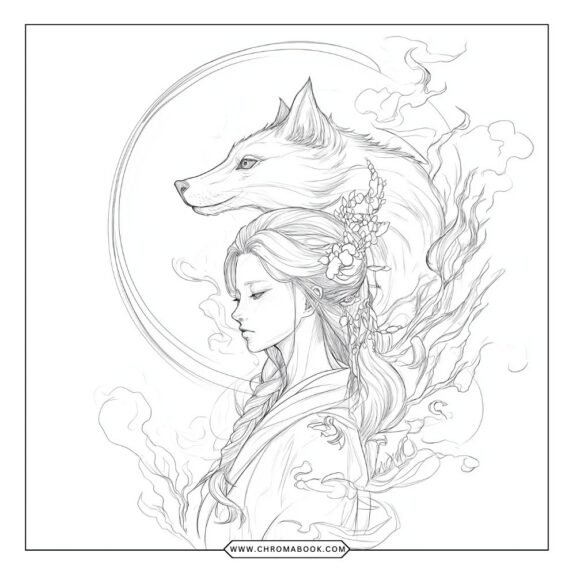 A whimsical spirit fox surrounded by intricate floral patterns, perfect for a relaxing coloring page. Free printable for all ages!