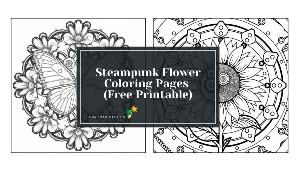 A detailed steampunk flower coloring page featuring intricate gears and floral patterns, perfect for creative fun. Free printable!