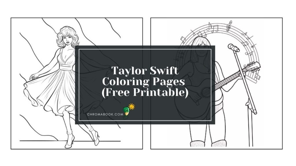 A fun Taylor Swift coloring page featuring her iconic silhouette and musical elements, perfect for fans. Free printable design!
