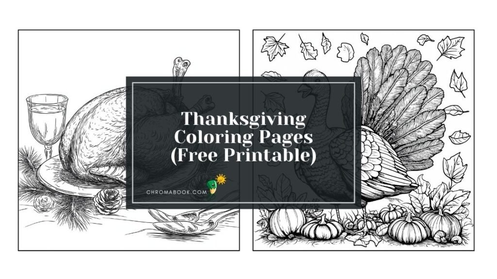 A festive Thanksgiving coloring page featuring a cornucopia, pumpkins, and autumn leaves, perfect for kids; free printable fun!