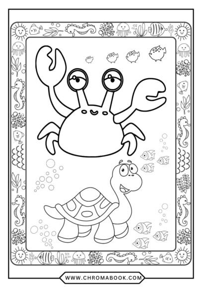 A whimsical turtle swimming among intricate waves and seaweed, perfect for a relaxing coloring page. Free printable for creative fun!
