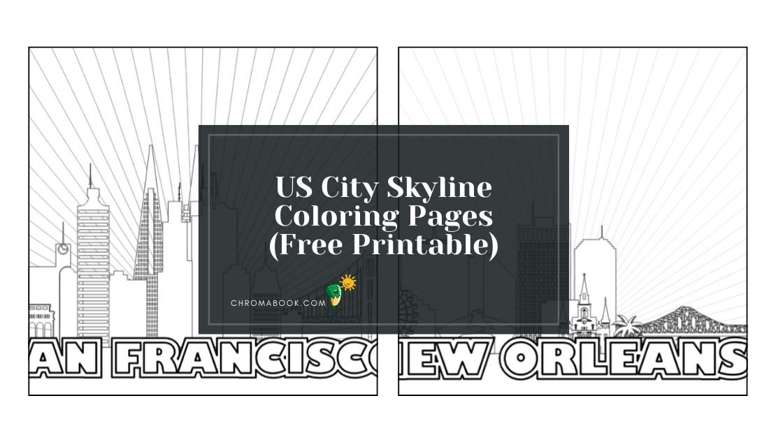A detailed US city skyline coloring page featuring iconic buildings and landmarks, perfect for artistic relaxation. Free printable!