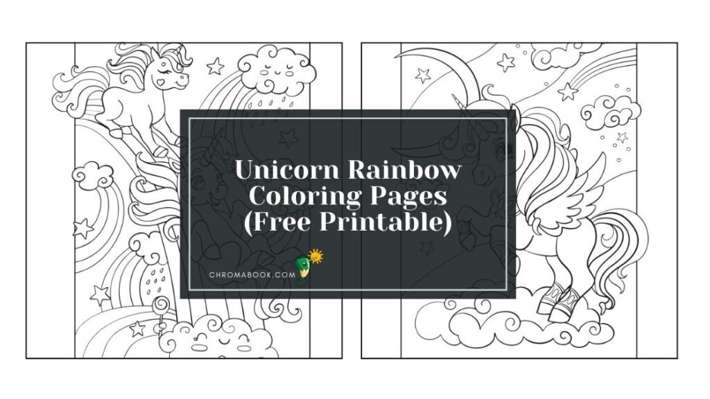 A whimsical unicorn prancing under a vibrant rainbow, surrounded by stars and clouds, perfect for a coloring page and free printable.