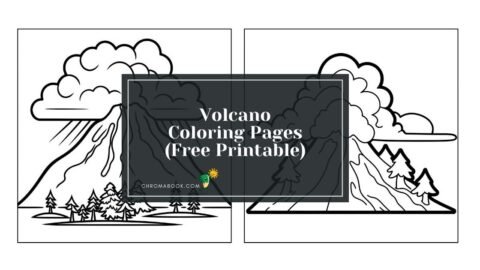 A detailed volcano coloring page featuring an erupting volcano, surrounding trees, and clouds, perfect for creative fun. Free printable!