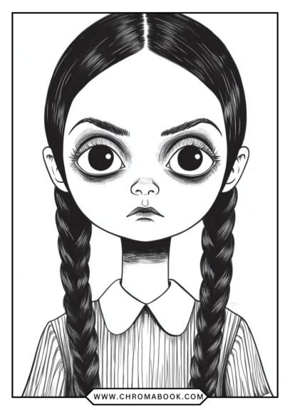 A spooky yet charming Wednesday Addams coloring page featuring her iconic look, perfect for a free printable activity.
