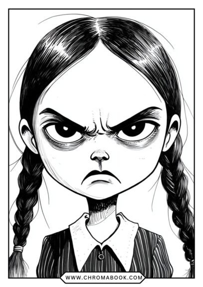 A spooky yet stylish Wednesday Addams stands with her signature braids, perfect for a fun coloring page. Download this free printable!