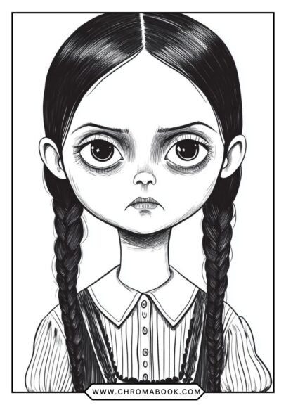 A spooky yet charming Wednesday Addams coloring page featuring her iconic look, perfect for fans—free printable for creative fun!