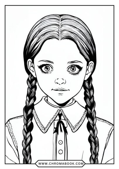 A spooky yet elegant Wednesday Addams coloring page featuring intricate gothic patterns and dark motifs, perfect for a free printable!