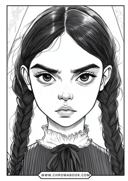 Black-and-white coloring page featuring Wednesday Addams with her signature braids and gothic attire; a free printable for fans.