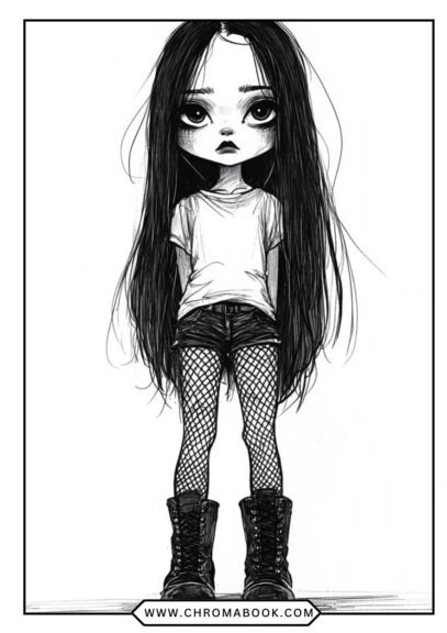 A spooky yet whimsical Wednesday Addams coloring page featuring her iconic outfit and eerie surroundings. Free printable!