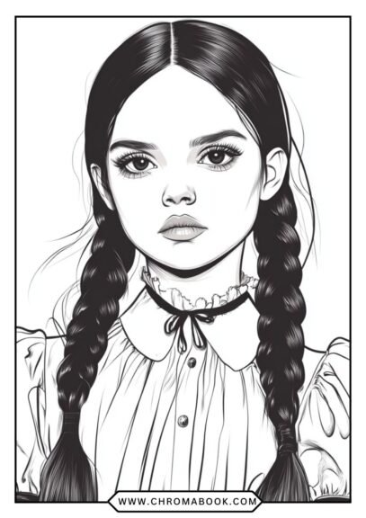 A whimsical Wednesday Addams coloring page featuring intricate gothic patterns and spooky motifs, perfect for a free printable activity.