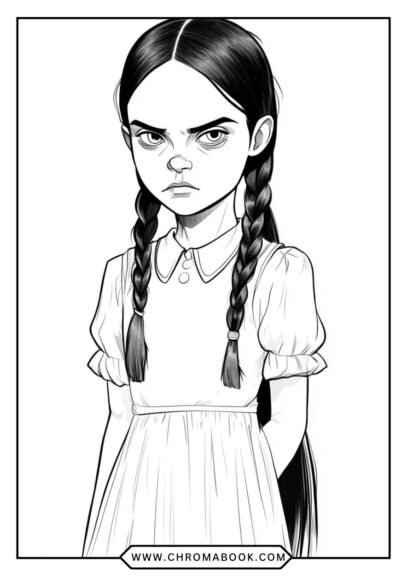 A spooky yet charming Wednesday Addams coloring page featuring intricate gothic patterns and her iconic outfit; free printable!