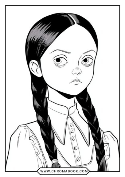 A spooky Wednesday Addams stands with her signature braids, surrounded by haunting motifs. Perfect for a coloring page, free printable!