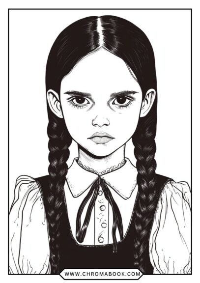 A spooky yet whimsical Wednesday Addams coloring page featuring her iconic look, perfect for fans. Free printable!