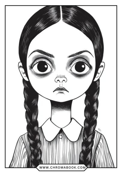 A whimsical Wednesday Addams coloring page featuring her iconic style, perfect for fans. Enjoy this free printable design!