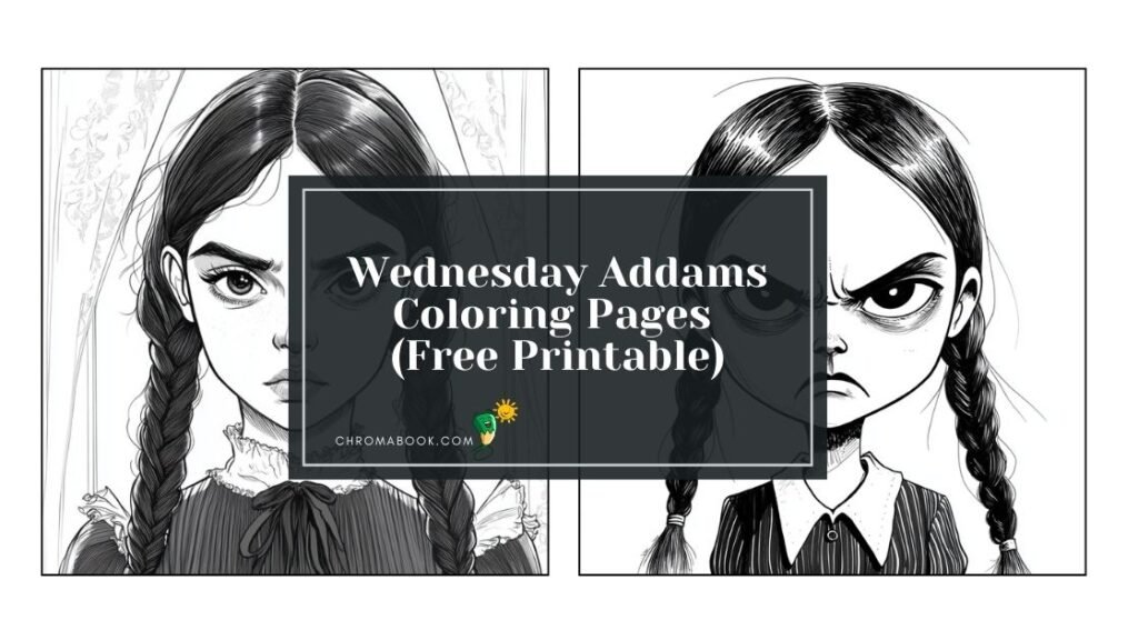 A detailed coloring page featuring Wednesday Addams in her iconic outfit, perfect for fans and available as a free printable.