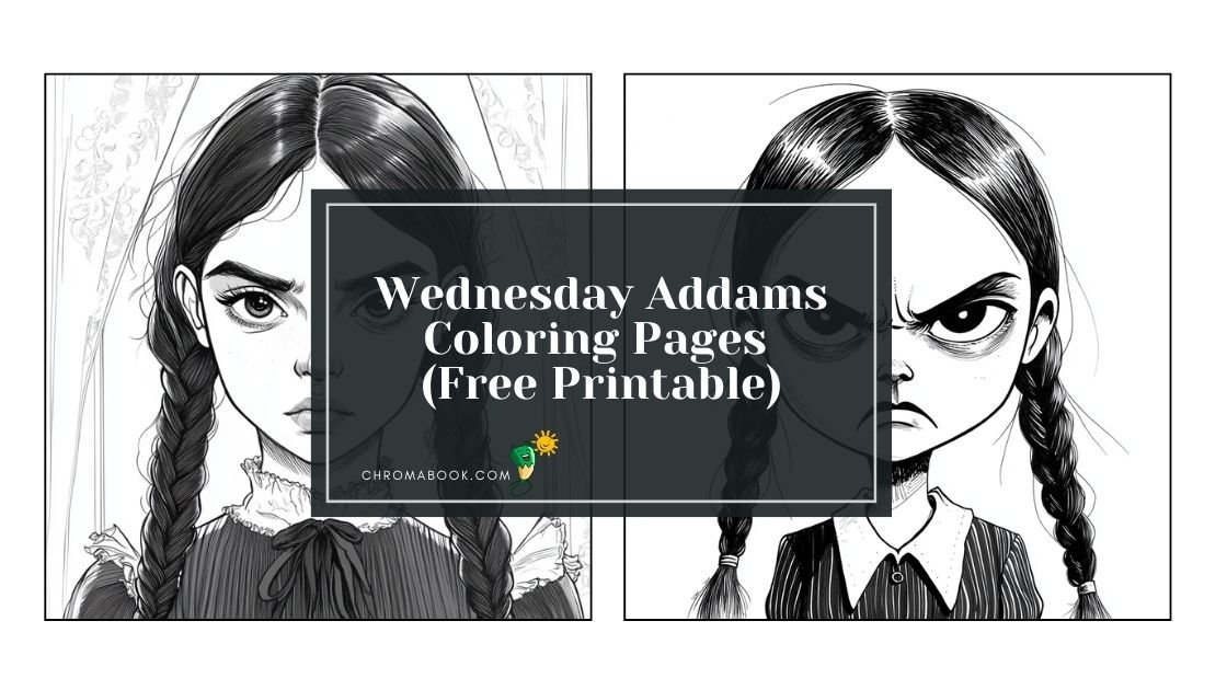 A detailed coloring page featuring Wednesday Addams in her iconic outfit, perfect for fans and available as a free printable.