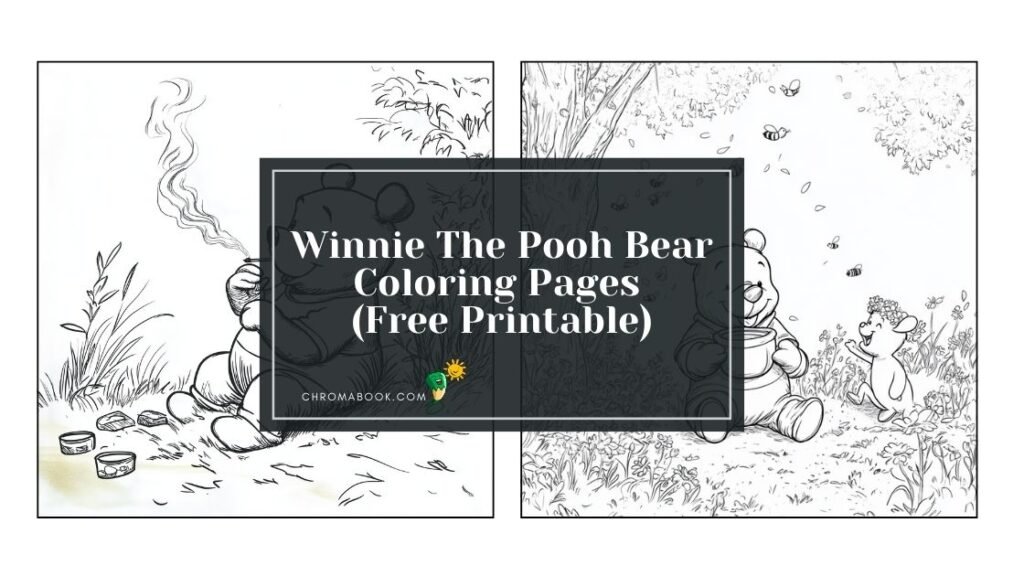 A delightful Winnie the Pooh coloring page featuring Pooh and friends in a whimsical forest scene; perfect for free printable fun.