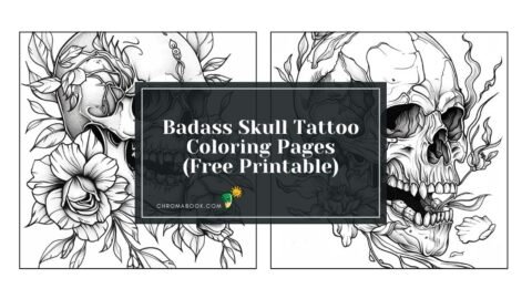 Intricate badass skull tattoo design featuring floral elements and geometric patterns, perfect for a coloring page. Free printable!