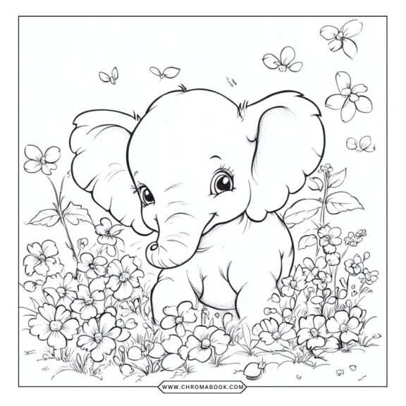 A whimsical elephant coloring page featuring intricate patterns and floral designs; perfect for relaxation. Free printable!