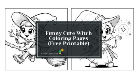 A whimsical coloring page featuring a cute, funny witch with a playful smile, surrounded by magical creatures. Free printable!