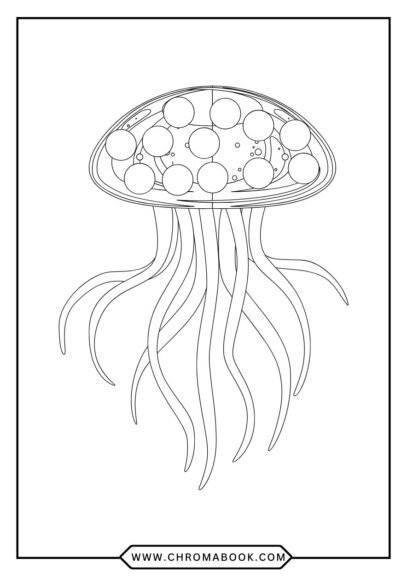 A whimsical jellyfish coloring page with intricate patterns and flowing tentacles, perfect for a free printable coloring activity.