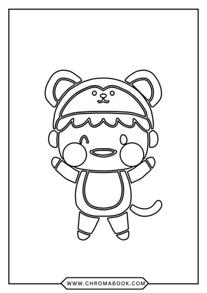A charming kawaii girl surrounded by cute animals and flowers, perfect for a fun coloring page. Download this free printable!