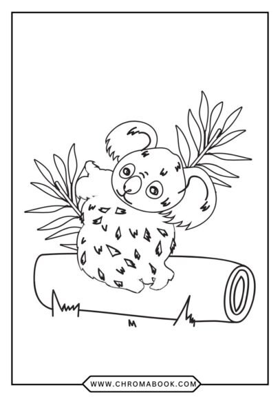 A cute koala bear surrounded by eucalyptus leaves, perfect for kids. Free printable coloring page for creative fun!