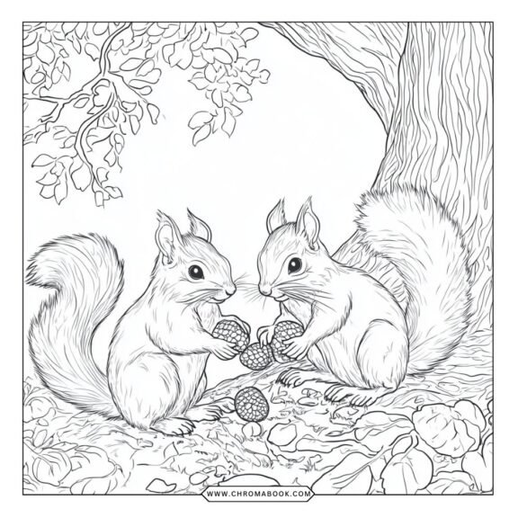A playful squirrel surrounded by whimsical trees and acorns, perfect for creativity. Free printable coloring page for all ages!