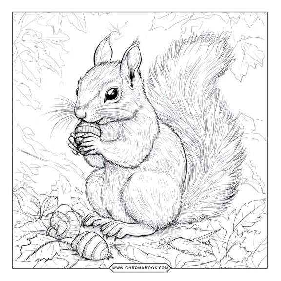 A playful squirrel surrounded by whimsical trees and acorns, perfect for creativity. Free printable coloring page for all ages!