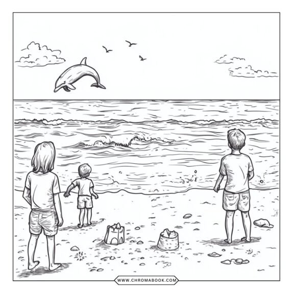 A vibrant summer-themed coloring page featuring playful beach animals and tropical plants, perfect for a free printable activity.