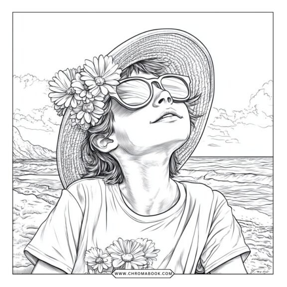 A vibrant summer-themed coloring page featuring playful sea creatures and tropical elements, perfect for a free printable activity.