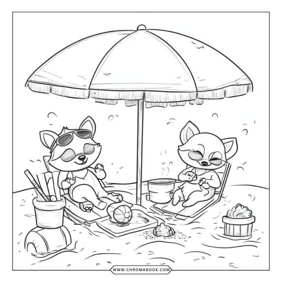 A vibrant summer-themed coloring page featuring playful beach animals and tropical flowers, perfect for a free printable activity.