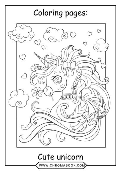 A whimsical unicorn prancing under a vibrant rainbow, surrounded by clouds and stars, perfect for a fun coloring page. Free printable!