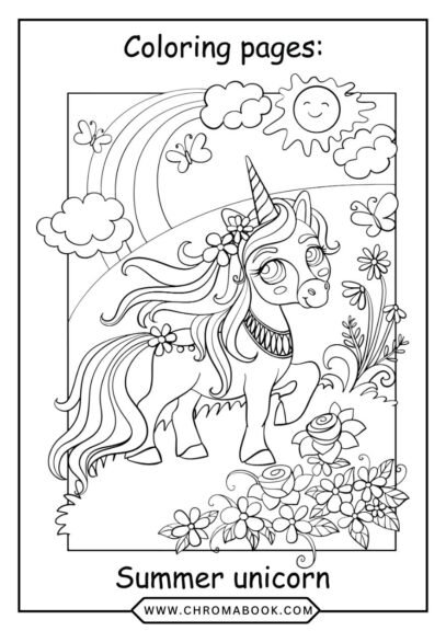 A whimsical unicorn prances under a vibrant rainbow, surrounded by clouds and stars, perfect for a fun coloring page. Free printable!