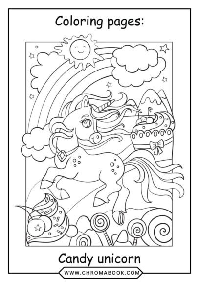 A whimsical unicorn prancing under a vibrant rainbow, surrounded by swirling clouds and stars, perfect for a free printable coloring page.