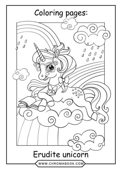 A whimsical unicorn prancing under a vibrant rainbow, surrounded by clouds and stars. Perfect free printable coloring page for all ages!