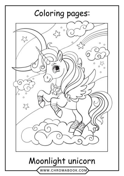 A whimsical unicorn surrounded by a vibrant rainbow and stars, perfect for a coloring page. Enjoy this free printable design!