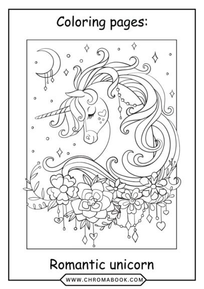 A whimsical unicorn prancing under a vibrant rainbow, surrounded by stars and clouds; perfect for a fun coloring page. Free printable!