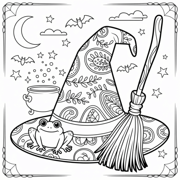 A whimsical witch hat adorned with intricate patterns, perfect for Halloween fun. Enjoy this free printable coloring page!
