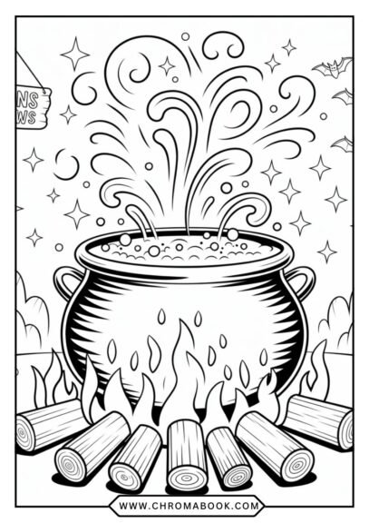 A whimsical witch's cauldron bubbling with potions, surrounded by mystical symbols and stars. Perfect for a coloring page, free printable!